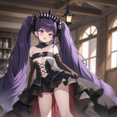 sfw,(hyper extreme detailed),(masterpeace),(best quality),(hyper extreme),CG,indoors,bedroom,1girl, standing, <lora:Felix_Schultz:1>Felix_Schultz,purple hair,twintails,tiara,red eyes, black dress,long skirt,elbow gloves,high heels, petite,