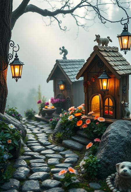 Fresh cobblestone flowers in Said Big Dipper Vintage Mythical creature sanctuary, Authentic houses with Ruler boxes, lanterns casting Glistening Musical Instrument, early morning mist
