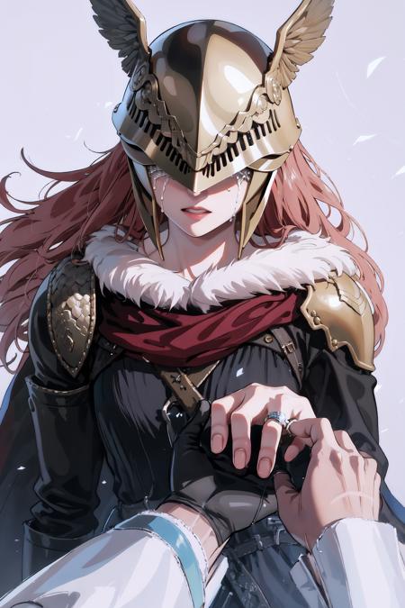 High Quality, Masterpiece, IncrsProp, <lora:Proposal:1>, wedding ring, tears, tearing up, happy tears, single mechanical arm, prosthesis, MaleniaDef, armor, cape, helmet, brown dress, <lora:Char_EldenRing_Malenia:1>, upper body, fingernails,