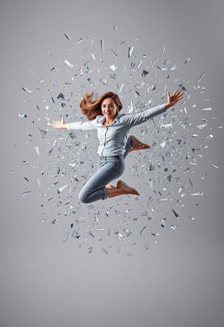 A dynamic, side-view shot captures a young woman in mid-air, her body suspended in a powerful leap as she bursts through a glass window. She’s fully extended, her arms slightly outstretched for balance, her hair streaming behind her like a banner caught in the wind. Her face is a mix of fierce determination and exhilaration, her eyes wide and focused, her lips parted as if caught in a gasp or a shout.
Around her, countless shards of glass explode outward, frozen in time as they catch the light. The fragments vary in size, from tiny glittering pieces to large, jagged sheets, creating a chaotic yet beautiful halo around her figure. The glass seems to move with her, as if she’s leading the explosion, her momentum carrying her forward through the chaos.
The background is entirely gray, a stark, neutral void that emphasizes the intensity of the moment. The lack of detail in the backdrop draws all attention to the woman and the swirling storm of glass around her. The scene is a perfect blend of action, grace, and raw energy, capturing the thrill of movement and the beauty of destruction