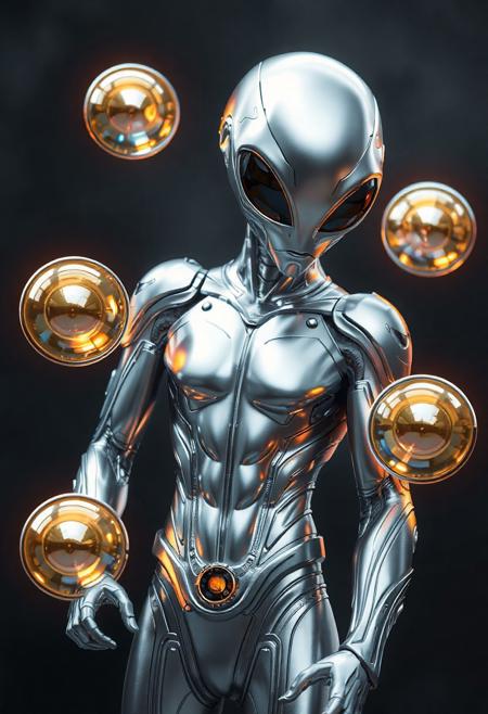 alien superhero in a hi tech silver suit , 4 orbs 10 cm in diameter are cirling around hi body, the orbs are different colors, brass, chrome, steel, gold