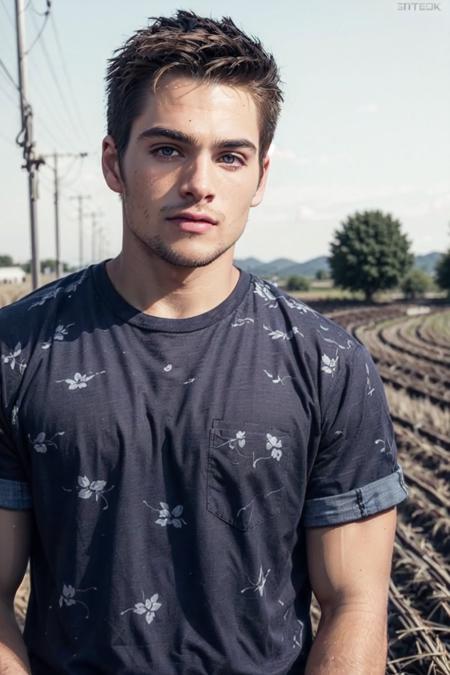 ((masterpiece)), ((best quality:1.2)), High Resolution, 8k, (ultra_realistic:1.3), (photorealistic:1.4), (instagram model, handsome:1.2), sharp focus, a photo of (dylansprayberrykm, Dylan Sprayberry), wearing simple shirt with print, farming, rural place, rice field, outdoors, daytime, ((looking at viewer)), <lora:DylanSprayberryKM_16_v2:0.8>