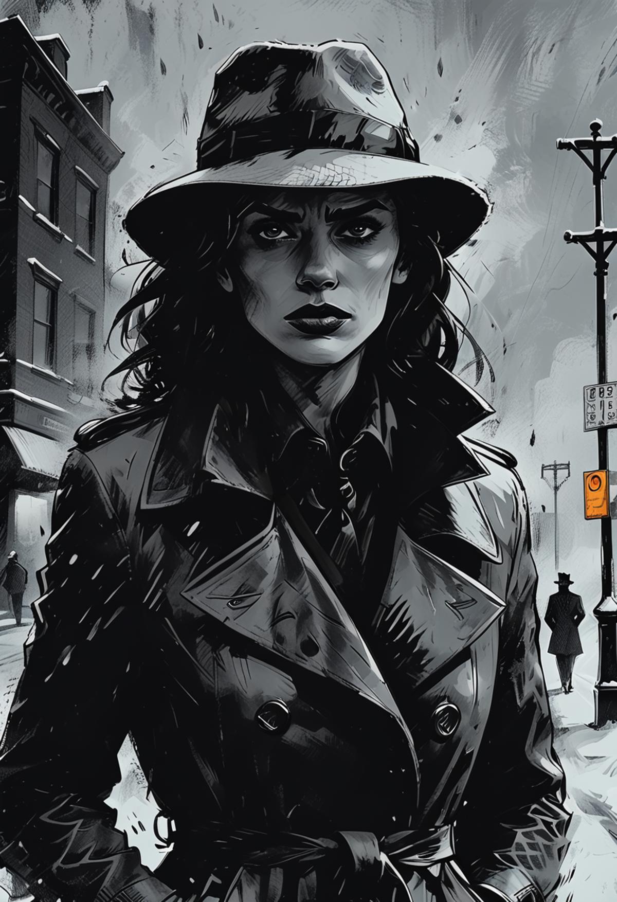 A woman wearing a trench coat and hat, with her mouth set and looking away, stands on a snowy city street.