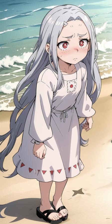 1girl, Silver hair, red eyes with white highlights, concerned expression, eyebrows slightly furrowed, visible eyelashes, faint blush on cheeks, <lora:Eri_-_Boku_no_Hero_Academia:1>, (child:1.1), outdoors, ocean, palms, sand,