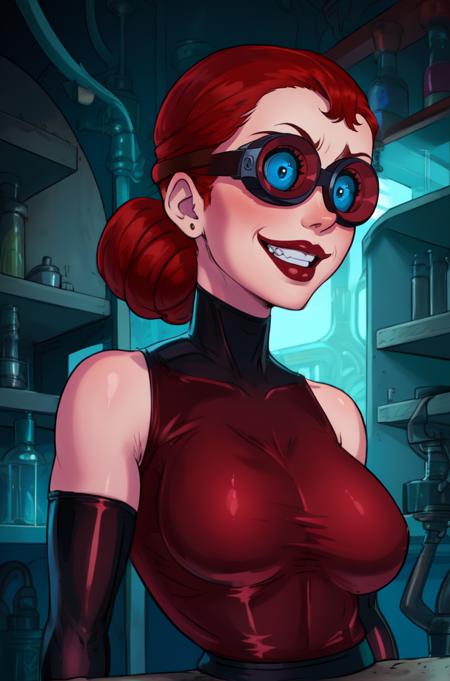 Ghastly,red hair,gloves,large goggles,blue eyes,hair bun,red lips,
standing, upper body, grin, 
elbow gloves,red bodysuit,latex,
evil lab,science fiction,
(insanely detailed, beautiful detailed face, masterpiece, beautiful detailed eyes, best quality),<lora:MajorDrGhastly:0.7>,