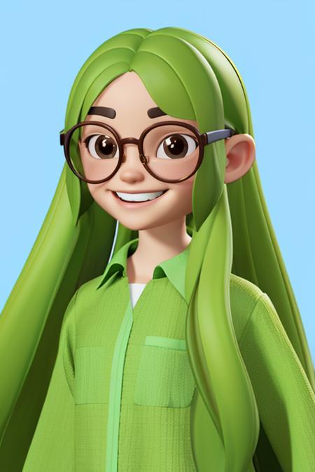 3D render, blender, 1girl, upper body, green long hair, wear glasses, (wear green shirt), 45 degree view shoot, smile, happyï¼blue background)