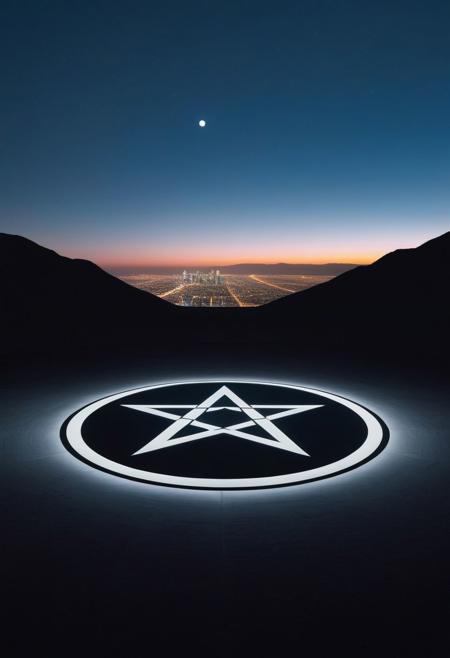 An enormous city sprawl with a city skyline reaching for the stars,
Aleph Tower, centre for the AI that rules the Human civilization, in a glittering city of glass and shining metal,
   bright sunlight under a pitch black sky.
So twice five miles of urban sprawl,
With walls and towers  girdled round;
In center: a black circle in bold lines intersected by a thick pentagram, five pointed star, symetrical
Photographer Reuben Wu Style