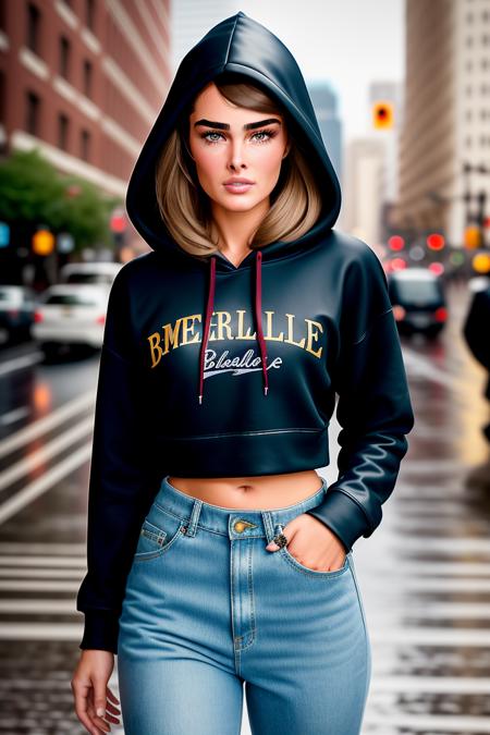 photo of (brshields), 1girl, Masterpiece, highest quality, 4k, sharp focus, intricate full body photo, walking in a rainy american city wearing a crop top style hooded sweatshirt with the hood pulled up, blonde hair visible in hood, tight jeans, beautiful eyes, detailed facial features, large boobs, luminescent hair, midriff, thighs