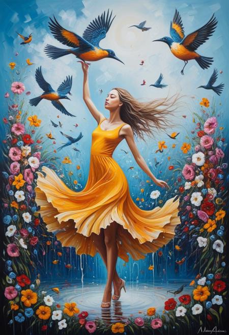 masterpiece, best quality, good quality, very aesthetic, absurdres, newest,1girl, surrealism, melting, oil painting, abstract, flowers, birds, summer, dancing in a flower, giant birds,