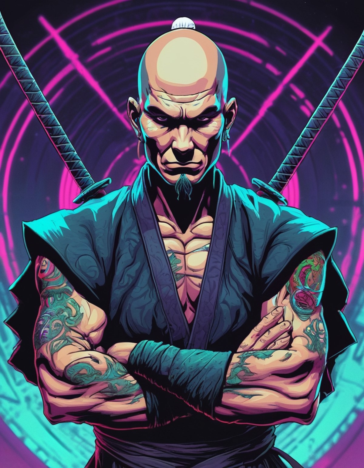 Mythical Guy, wearing Ronin Hazel garb, Crossed arms, his hair is Bald, Psychedelic Art, Synthwave Art, Bardcore, Matt Wag...