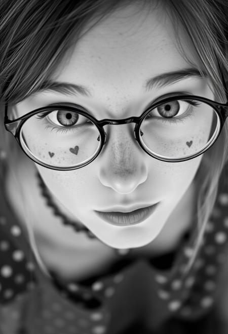 The monochrome black and white image is a close-up, high-angle portrait of a young 18 y.o. woman with striking green eyes, in round glasses, with a choker. She is looking directly up at the camera, creating a strong connection with the viewer. Her facial features are soft, and she has a natural, almost ethereal beauty with a face full of freckles that add to her youthful and fresh appearance. There are tattos,  symbol of heart, on each cheeks. Her hair is styled with a side-swept fringe that partially covers her forehead, and the rest of her hair appears to be tied back or away from her face. She is wearing a dress with dots, which can be seen in the lower part of the image. The focus on her eyes and face gives the image an intimate and engaging quality, with the high resolution capturing every detail of her skin and expression. The background is softly, emphasizing her face as the central point of the image. The overall feel of the image is delicate, natural, and photorealistic, capturing the subject's innocence and charm.