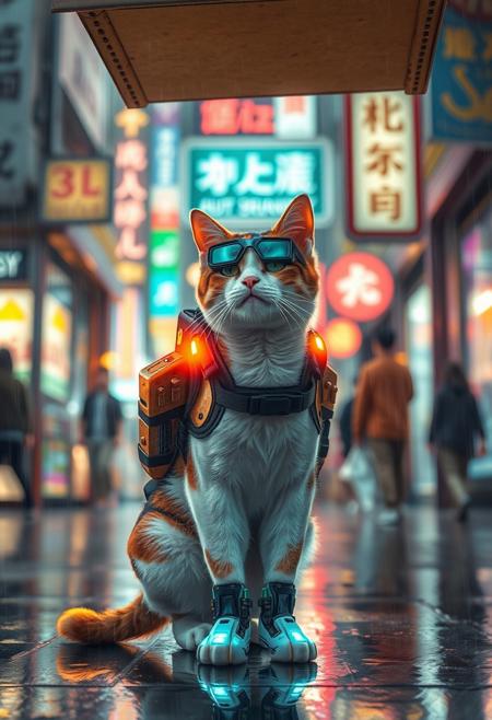 cyberpunk anime, common calico cat wearing a sci-fi future backpack, techno future googles, one mechanic leg with electric lighting, waiting under a cardboard box, intense rain, neon signs and advertising, bokeh, side lighting, people walking