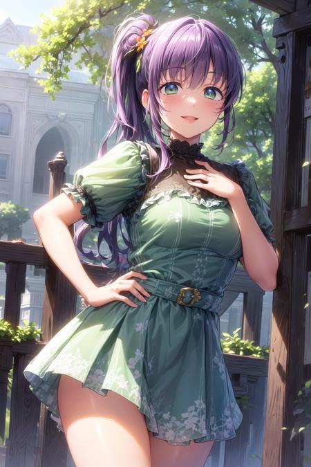 <lora:KozueV4:0.6>, (masterpiece, best quality, ultra-detailed), (illustration), (beautiful detailed eyes),
(1girl), (solo), (extremely detailed face), (beautiful detailed hair), thicc,
medium breasts, (0:1.1)
otomune kozue, green eyes, purple hair, (long hair:1.3), hair ornament, (side ponytail:1.3), flower
(outdoors, greenery :1.3), tareme, mature face, tareme
dress, frilled dress, green dress, short sleeves, flower prints
(standing:1.2), (smile:1.2), (hand on hip, hand on chest:1.2), parted lips, blush, (cowboy shot:1.4), best quality, high resolution, unity 8k wallpaper,    <lora:tareme:0.4> <lora:add_detail:0.6>