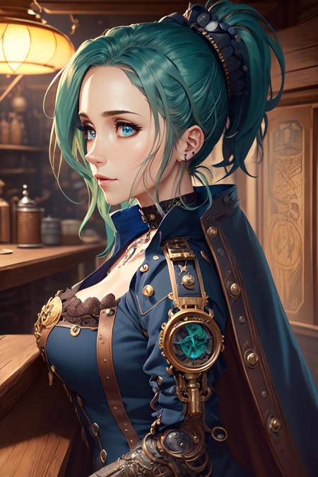 an anime-style illustration of a attractive vivid green haired pirate queen with a (tffthairv07nike:1.25) (ponytail) wearing a intricately detailed (steampunk:1.3) full length pirate trenchcoat, (in captains quarters:1.2), masterpiece, best quality, choker, intricately detailed, ultra high resolution, (high cut blouse) <lora:epiNoiseoffset_v2:1.1>, (side shot:1.3), (dark blue eyes looking at viewer:1.3), (medium closeup face:1.5), [bangs]