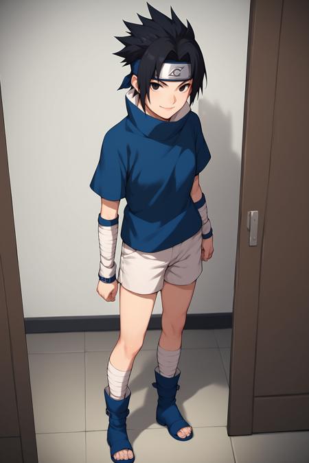 SasukeGEXL, black eyes, black hair, short hair, spiked hair, parted bangs, forehead protector, high collar, blue shirt, short sleeves, detached sleeves, white shorts, blue footwear, legs bandages, toeless footwear