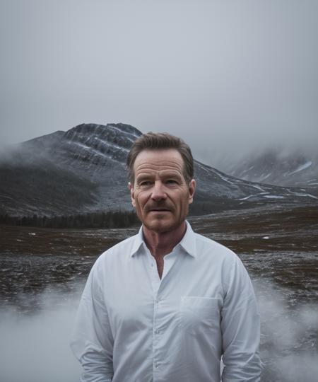 (Masterpiece Photo:1.3) of (Ultra detailed:1.3) (8k, RAW photo, highest quality),1man,age up,bryancranston,(wearing white shirt),standing in the Norwegian mountains, (misty mountains), (detailed eyes:0.8), (looking at the camera:1.4), (highest quality), (best shadow), intricate details, interior, muted colors, freckles,Highly Detailed,naturalism,land Art,regionalism
 <lora:bryancranston:0.9>