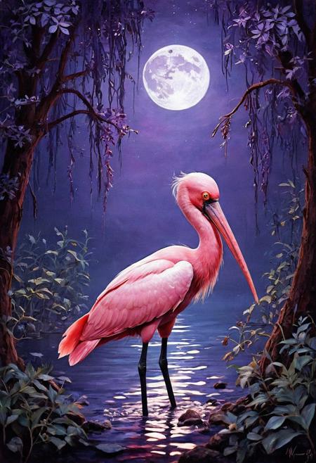 flux-style, unique poster, fantasy art designed by M.W. Kaluta and (Konstantin Yuon:0.9) , Chalk painting, deep purple (Royal Spoonbill:1.3) , Mystical, Moon in the night, Cel shading, Sad, majestic, Expressionism, Direct light, Fish-eye Lens, dark black details, beautiful, Pixabay, <lora:aidmaFluxStyleXL-v0.2:0.651>,
<lora:aidma-Image Upgrader-v0.1:0.351>, <lora:aidmaBokehmachine-V0.1:0.451> bokeh, contemporary fine detail, confident, unique, imposing