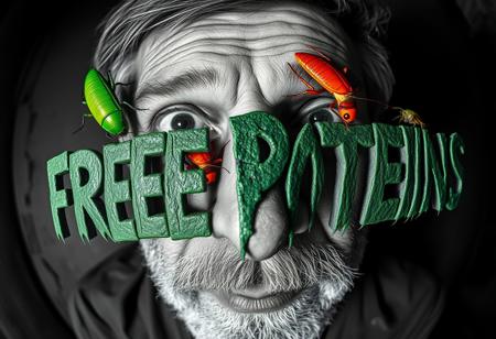 “A black-and-white abstract dystopian photograph captured with a cinema-grade 12mm fisheye lens, offering a warped, immersive perspective that distorts reality. The close-up portrait of a rugged 50-year-old rural man shows his face fragmented into disjointed rectangular sections, with his eyes, nose, mouth, and skin displaced in chaotic randomness. Within the fractured gaps, oversized cockroaches, with vivid green and orange hues contrasting against the monochrome, crawl and writhe. Their shiny, textured bodies and twitching legs pop against the stark black-and-white, intensifying the grotesque feeling. Scrawled across the scene in decayed, rotten lettering, the phrase ‘FREE PROTEINS’ oozes in a murky, decaying shade of green, further enhancing the unsettling tone. The chiaroscuro lighting casts deep shadows, highlighting the contrasting colors of the cockroaches and the dissonant mood, making the entire composition feel even more surreal and nightmarish.”