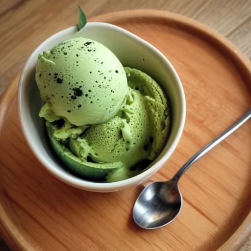 A scoop of creamy, vibrant green matcha ice cream served in a simple bowl. The texture is smooth and rich, with the distinct earthy flavor of matcha balanced by a hint of sweetness. The ice cream is garnished with a few delicate mint leaves, and a crispy wafer on the side, set in a minimalist, zen-like setting for a refreshing dessert.