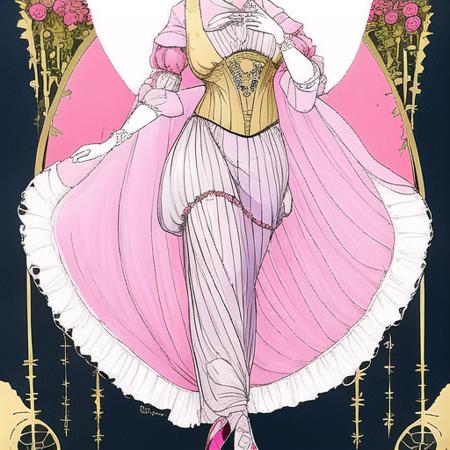 <lora:fashion (1):1> fashion plate, edwardian, 1914, 1910s, french, paris, 1girl, solo, walking, hot pink dress, art nouveau, flowers, white background, white gloves, long gloves, yellow hat, feathered hat, pink heels, taffeta dress