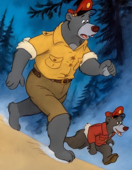 BAStyle, <lora:TaleSpin_-_Baloo_2:0.8> 1boy, bear baloo, cartoon, face, furry, hat, male focus, peaked cap, red headwear, solo, yellow shirt, full body, running away from santa claus,  highest quality, a painting , magic, [sci-fi artwork], bold colors, by Dave Dorman