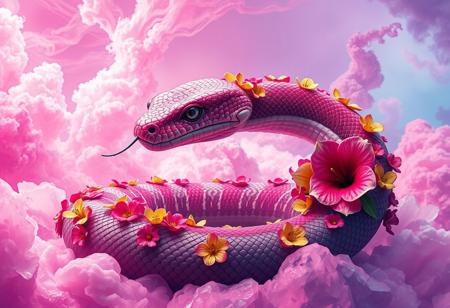 A majestic snake in a vibrant and surreal Flux art style. The snake is adorned with colorful flowers along its body, replacing scales with intricate blossoms. Its environment is ethereal, surrounded by vivid pink and purple hues, with abstract, dreamy clouds and flowing, cristal-like textures in the background. The snake's gaze is piercing yet serene, reflecting a mystical and magical aura.