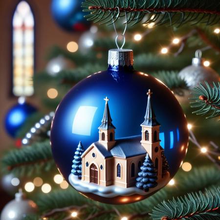very realistic close-up photograph of a  blue Christmas sphere with a church on it hanging in a Christmas tree branch