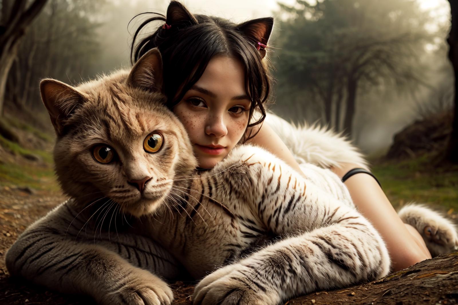 A young girl hugging a tiger cat on a bed.