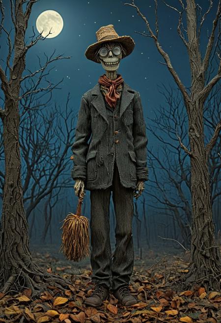 novuschroma51 style,
playfully macabre scarecrow, quirky oversized spectacles, whimsical eerie atmosphere, moonlit night, full moon glow, mysterious enchanting background, tattered clothing, stitched patches, dark humor, Edward Gorey-inspired illustration, comic book cover style, vintage horror comic aesthetic, twisted leafless trees, foggy landscape, spooky yet charming, balanced medium shot, 50mm perspective, expressive shading, fine linework, moderate detail, glowing spectacles, eerie yet humorous, full-body composition