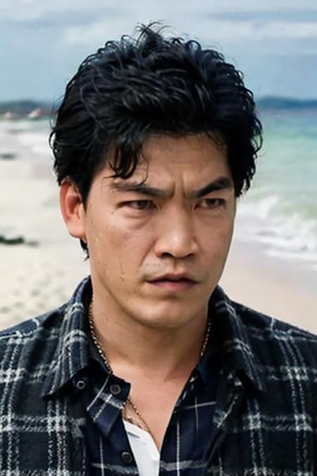 photo of a (men),serious look,fierce look,standing at (beach), portrait photo,Plaid shirt, full body,  (closeup:1.2)
 <lora:chengkuian:0.8>