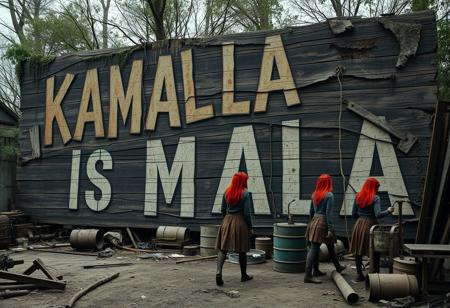 Create an image of a huge, rotting wooden sign that reads “KAMALA IS MALA” in roughly painted, weathered letters. The sign is splintered and decaying, with mold and moss creeping over the cracks, giving a sinister, neglected appearance. The background is set in a grimy, cluttered backyard, with a desolate, makeshift look typical of an illegal meth lab scene. Red-haired figures in worn, dirty clothes are working near rusted equipment and jury-rigged setups, with scattered debris, barrels, and broken-down machinery adding to the chaotic atmosphere. The lighting is dim and gritty, casting shadows over the disarray.