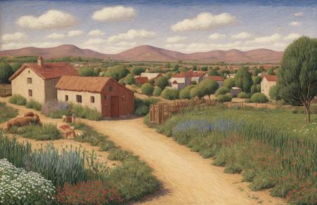 style of Henry Moret, parcel ,hacienda ,yard ,boscage ,stand , Steppe , scenery,scene painting,a painting,