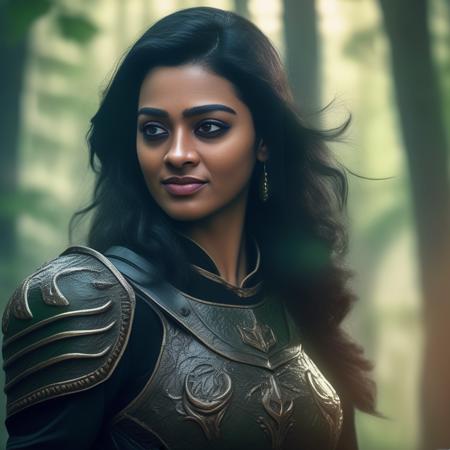 GayathrieShankar,<lora:GayathrieShankarSDXL:1>,portrait,female, beautiful face with a long wavy black hair and green eyes wearing leather armor holding an evil grin while running through the forest; f/5.6 attractive facial features by Artgerm trending on artstation deviantart pinterest photorealistic hd 8k highlights of 278 textured full body realistic high resolution award winning photograph dramatic dark lighting smiling pose super detailed faces looking at camera very expressive quality HD HDR 4K model volumetric foggy lens flare neon redshift render hyperrealism photo-detailed unreal engine 5 rtx 30mm film grain cinematic movie poster character concept arthouse