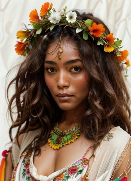 ab1 close up Portrait photo of a woman  in a (Boho Flower Child: Flowy Floral Dress, Fringed Shawl, Sandals, Flower Crown, Natural Waves Hairstyle), intricate, (cloth [red]), elegant, sharp focus, photo by greg rutkowski, soft lighting, vibrant colors, masterpiece, ((simple white background)), detailed face <lora:AngelaBassett:1>