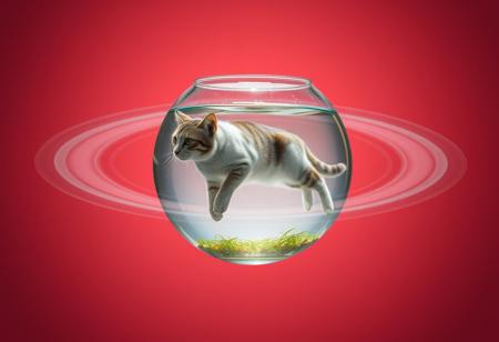 a fish bowl orbiting around a cat