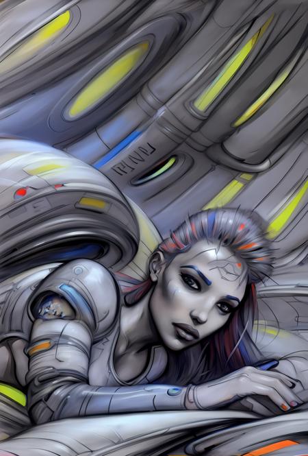 a woman lying on a bed, in a futuristic spaceship room, charcoal <lora:vor_enki.v3.lora:0.75>, touch of vivid color