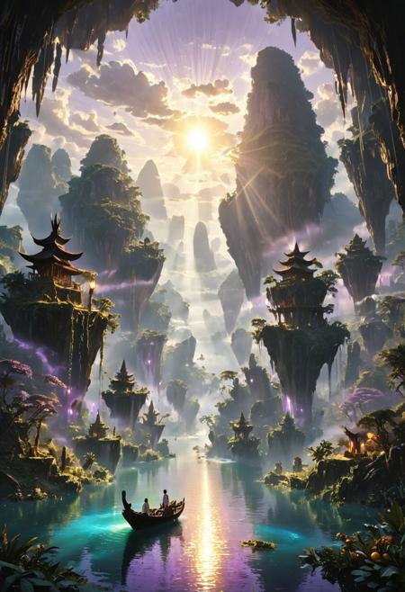 Majestic floating mountains inspired by the natural stone spires of Southeast Asia, covered in lush green tropical vegetation and partially shrouded in mist. A vast blue ocean surrounds a chain of floating islands suspended in the sky, with cascading waterfalls falling endlessly into the sea below. Warm sunlight filters through scattered clouds, creating golden sunbeams that illuminate the cliffs and treetops. A lone wooden boat with a lantern drifts quietly on a calm lake far below, with a figure sitting peacefully under a straw hat, wearing a loose white shirt. The sky is filled with soft purples and oranges of the late afternoon, creating a serene and magical atmosphere. Hyper-realistic details, cinematic lighting, natural colors, sharp focus, inspired by the landscapes of Avatar and Southeast Asian karst mountains. --floating island, cliff, ocean, mountain, jungle, clouds, sunbeam, realistic nature, dreamy
<lora:crazy landscape:0.8>