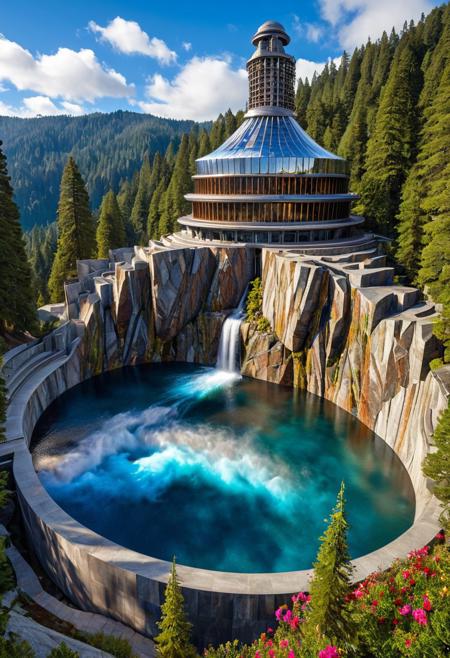 (masterpiece:1.5), (score_9, auto1111), extreme quality, reflections, surface reflections, ((no humans, no people)), a spectrum of iridescent colors, precise, fractal design, flowing curves, precision, striking visuals, sharp focus, detailed background, light reflections, architecture of boundless opportunities, (an enormous titanium Fractal observatory sitting on top of an enormous Stone basin), a enormous titanium Fractal observatory sitting on top of an enormous Stone basin at the rim of a enormous redwood forest, mountains in the background, enormous redwood trees, (a flowing stream with a waterfall), realistic, photorealistic, blue sky, fluffy clouds, flowing water, fluid architecture, multicolored flowers, luminescent water, sharp background details, detailed enormous titanium Fractal observatory, polished titanium, polished Stone, fluffy clouds, mist, ground fog, detailed landscape, landscaping of boundless opportunities, dynamic shaders, vibrant colors, Fractal architecture,