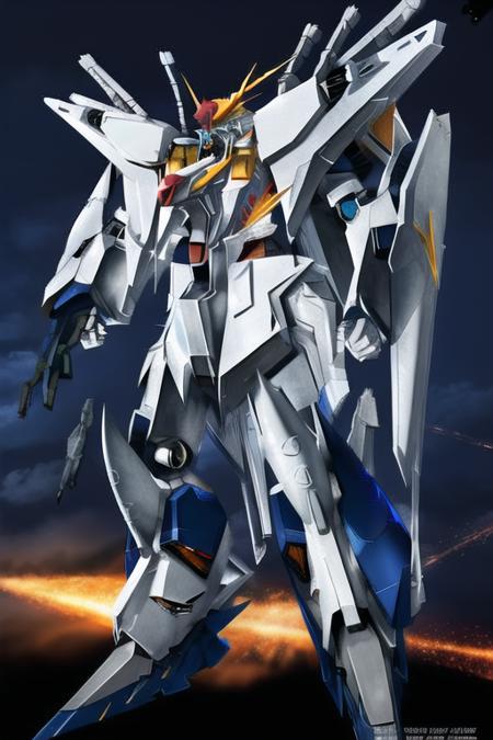 <lora:xi gundam lora:1>, xi gundam, gundam, mecha, assault mech, explosion background, dark sky background, modern, unreal engine 4, concept art, futuristic, realitic, high quality, masterpiece, mecha head