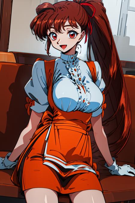 1girl, (cowboy shot:1.2), sitting, smile, open mouth, (restaurant:1.2),
vg_yuuka, red eyes, brown hair, very long hair, long hair, ponytail, high ponytail, bangs, red ribbon, hair ribbon, large breasts, breasts, white gloves, waitress, short sleeves, white shirt, orange skirt, <lora:VG_Yuuka_lora_ver2:0.8>, best quality, masterpiece, highres, <lora:GoodHands-vanilla:1>