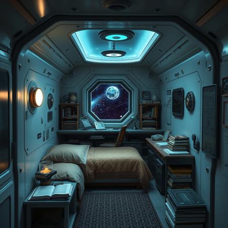the starting room, with minimal decoration ,of an  apprentice magician, in a spaceship, looking like a cubicle, a small comfortable bed, some jewels cracked open on the workbench, piles of books, AI interactions on the small window to space
