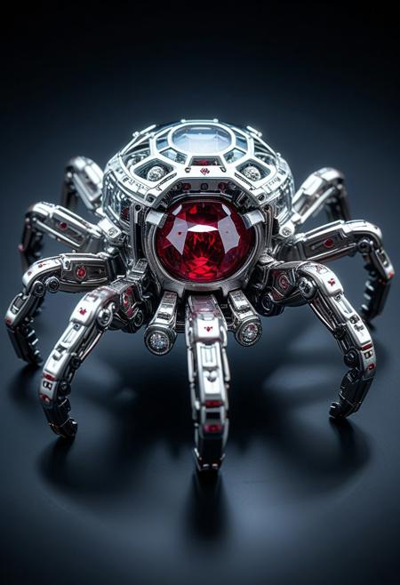 SilverPulse, mechanical spider, ruby and diamonds,  intricate, hyper-detailed, professional photoshoot, ultra-sharp, vivid colors, dark lighting, 50mm lens,