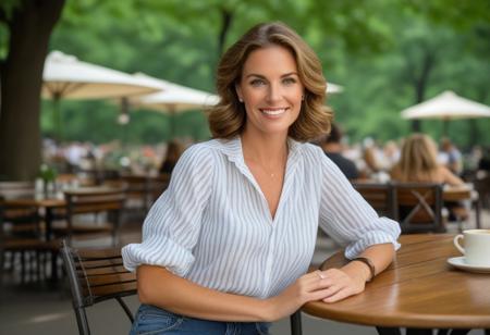 A meticulously detailed, hyper-realistic portrait of a Olivia, in her 35 years old ,with sun-kissed skin, bright green eyes, and a radiant smile. Her wavy, very short light brown hair , framing her naturally beautiful face. natural textured skin, subtle wrinkles,Detailed face skin:She is seated at an elegant outdoor café in Central Park, New York, on a perfect summer afternoon. Olivia wears a white and blue stripped linen blouse with the sleeves rolled up and blue jeans, effortlessly chic yet comfortable.  She seta in a cafe in Central Park, New York.The café has dark wooden tables and classic wrought-iron chairs, surrounded by lush green trees that provide dappled shade. The relaxed, vibrant atmosphere of a New York summer fills the scene. Shot with a Nikon D5300, 50mm lens, f/2.8 aperture, ISO 200, soft bokeh background, emphasizing Olivia while capturing the charm of Central Park in summer."