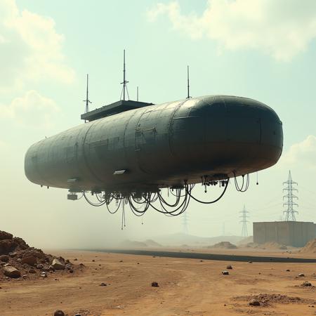 ultra high resolution, masterpiece, best quality, small featureless angular glossy black spacecraft with a rough textured surface hovering low to the ground, underneath the spacecraft are cables hoses and wires, antennas on top, cables hanging from below, rectangular in shape, futuristic world, post apocalyptic landscape, ((low concrete buildings:1.3)) anti gravity, in the atmosphere, sky, clouds, ground visible, hovering, dry, ((dusty)), bleak landscape, parched, bright noon sunlight, square shapes, bleached colors, destroyed industrial buildings, powerlines and towers, concrete foundations