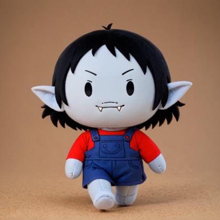 marci grey skin, black hair, short hair, dot eyes, fangs, pointy ears red shirt, blue overalls, skirt,