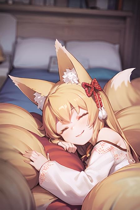 <lora:Jingai-Modoki-UMCEKO-V1-Final:1>, jingai modoki, lying, grass, smiling, 1girl, pajamas, blonde hair, fox ears, on bed, sleeping, cuddling, from side