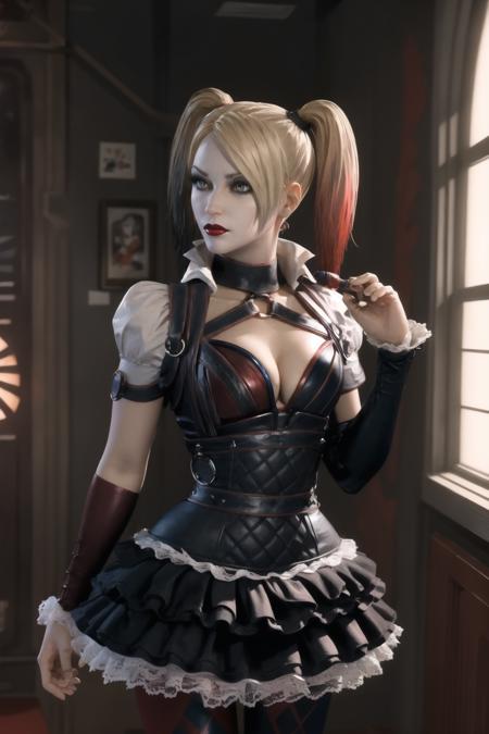 (masterpiece, best quality:1.2),   <lora:harley_quinn_(batman_arkham_knight):.9>, harley quinn (batman arkham knight), 1girl, solo, breasts, twintails, multicolored hair, blonde hair, makeup, pantyhose, cleavage, lipstick, red hair, skirt, medium breasts, red lips, two-tone hair, multicolored clothes, asymmetrical clothes, eyeshadow, o-ring, layered skirt, large breasts, gradient hair, detached sleeves, frilled skirt, mismatched sleeves, belt, upper body, museum, sculptures, awe, contemplation