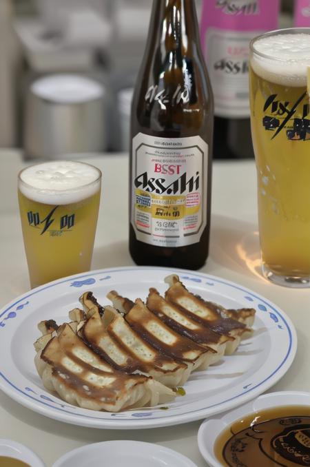 gyouza, plate, still life, food, realistic, blurry, food focus, blurry background, depth of field, beer, indoors, bottle