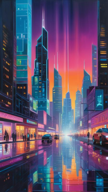 A meticulously rendered oil painting of a futuristic cityscape, where gleaming skyscrapers rise into a neon-lit sky, their reflections casting intricate patterns on the polished streets below.