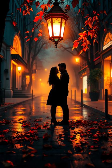 Vibrant autumn street at dusk, rain-slicked pavement reflecting ornate lamplight. A couple silhouetted against glowing fog. Dramatic chiaroscuro lighting. Vivid red and gold leaves scattered on wet ground. Deep shadows contrast with warm, golden illumination. Cinematic composition, high saturation, sharp details. Moody atmosphere with rich, jewel-toned colors. 4K resolution, hyperrealistic style, Cyberpunk